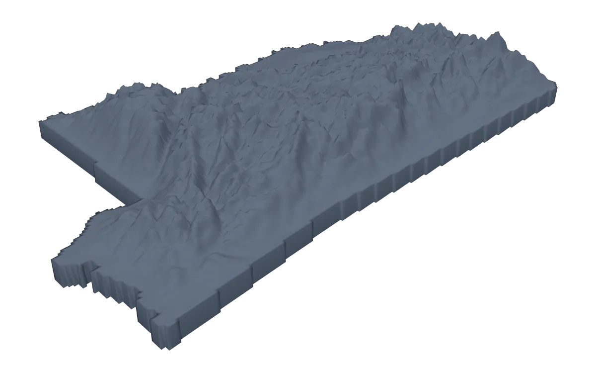 3D terrain model of Mississippi cut to the state outline, the flat Delta beside the hills
