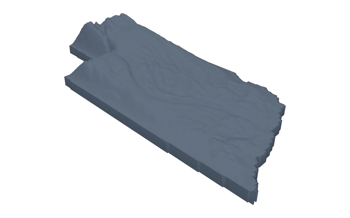3D terrain model of Nebraska cut to the state outline, the plains rising toward the Panhandle