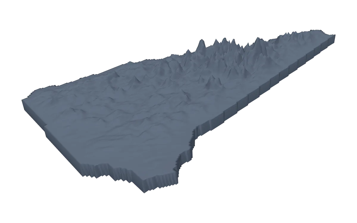 3D terrain model of New Hampshire cut to the state outline, the White Mountains rising in the north