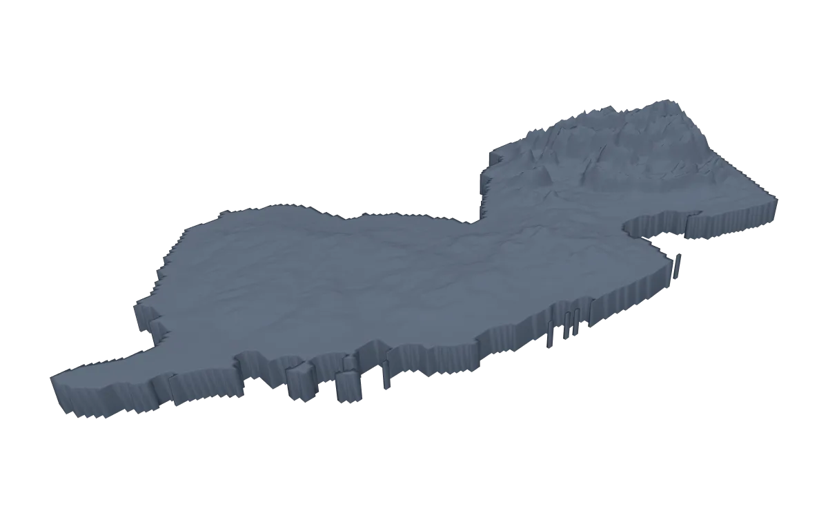 3D terrain model of New Jersey cut to the state outline, ridges in the north and a flat south
