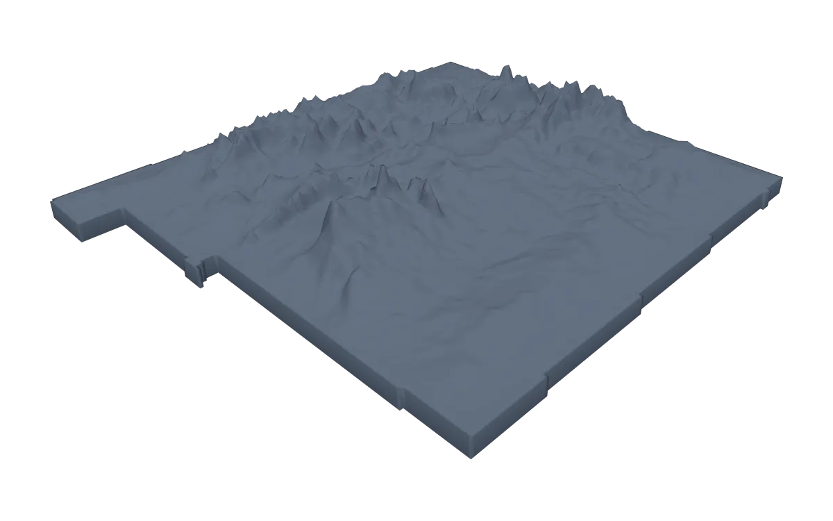3D terrain model of New Mexico cut to the state outline, mountains rising in the north
