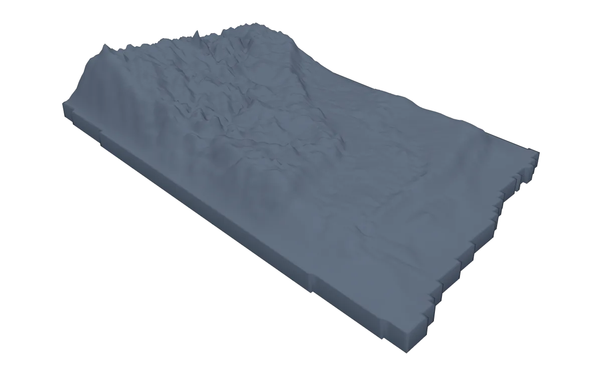 3D terrain model of North Dakota cut to the state outline, the land rising in steps to the west