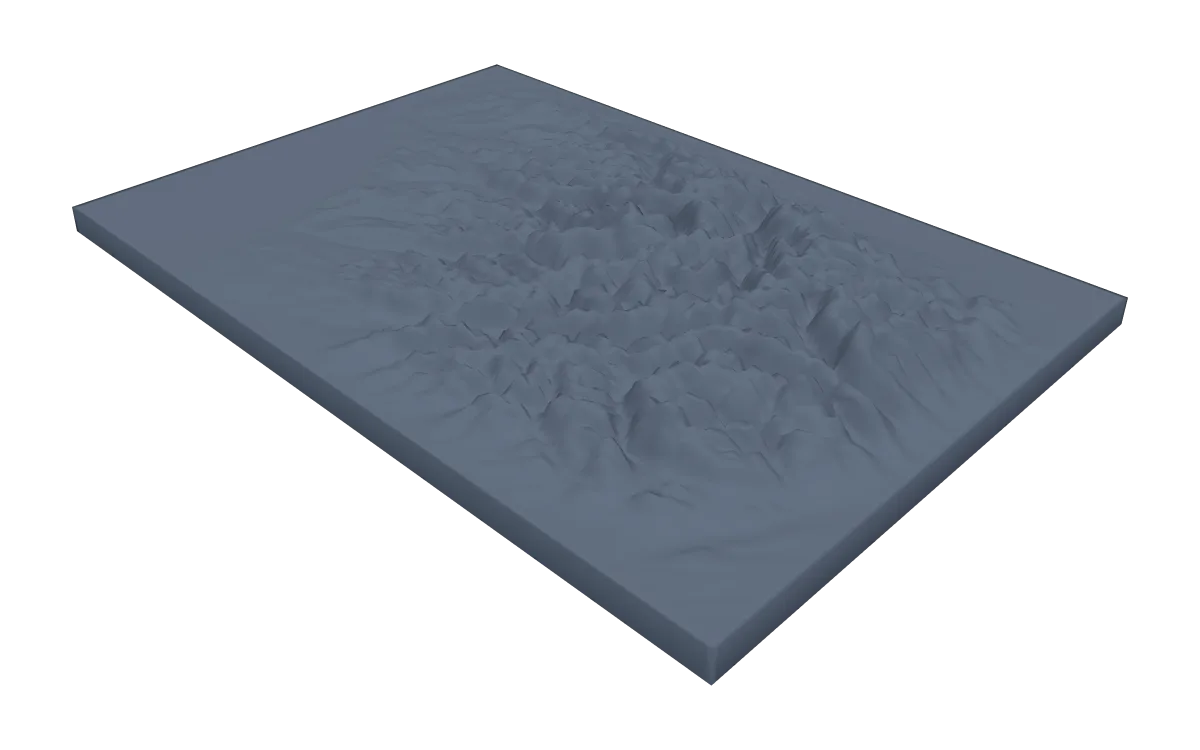 3D terrain model of the Olympic Mountains and the peninsula around them on a rectangular base