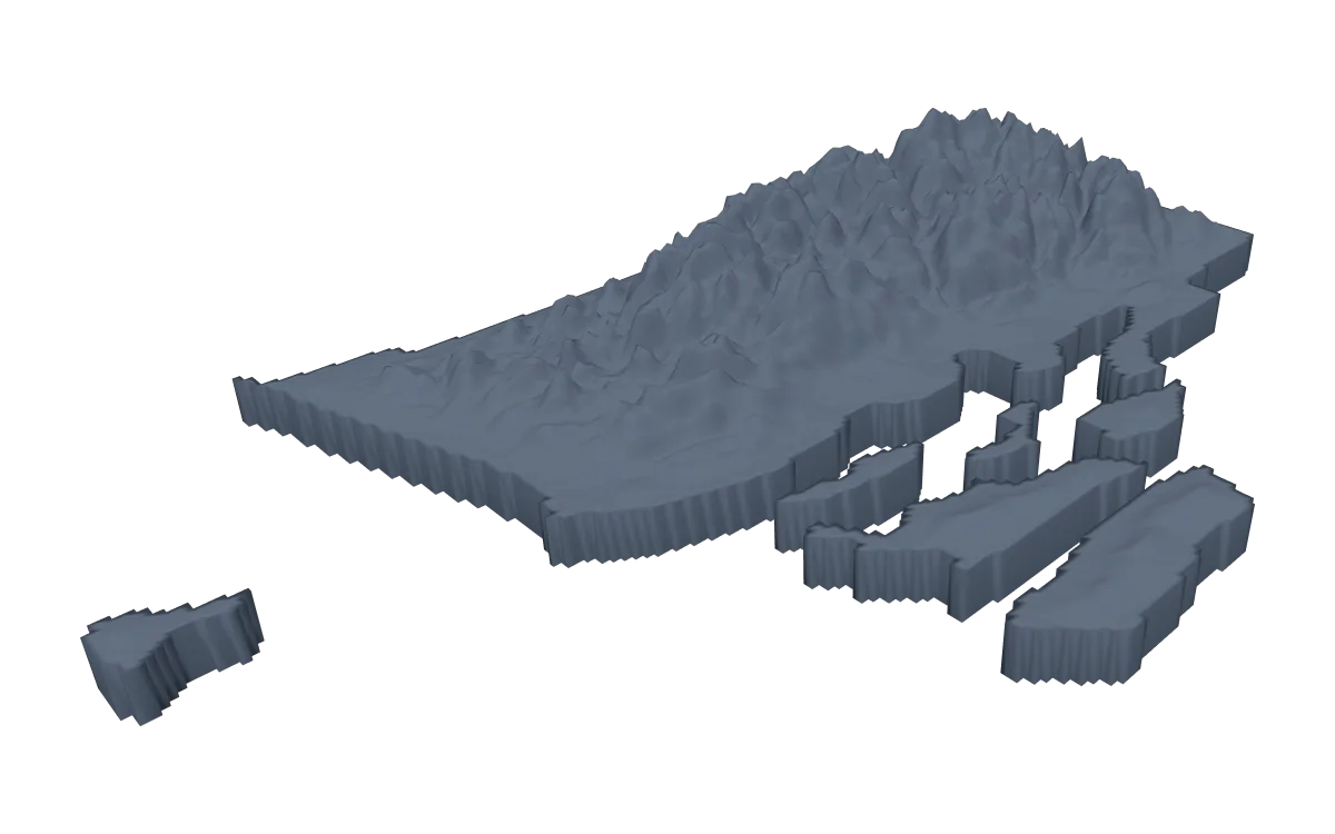 3D terrain model of Rhode Island cut to the state outline, with the bay islands and Block Island