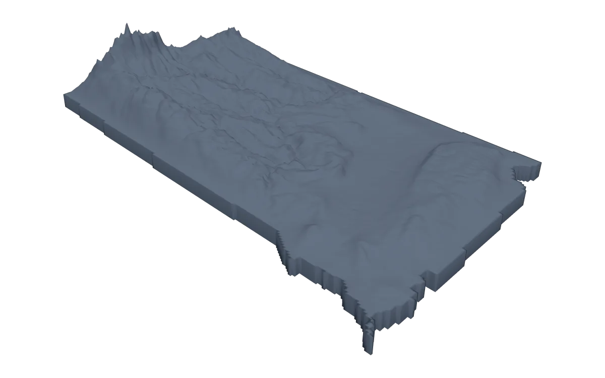 3D terrain model of South Dakota cut to the state outline, the Black Hills rising in the west