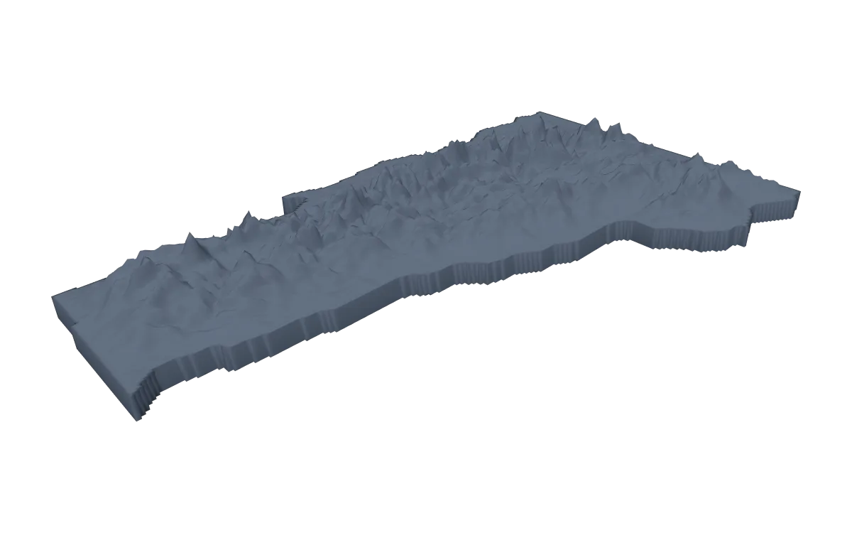 3D terrain model of Vermont cut to the state outline, the Green Mountains down its length