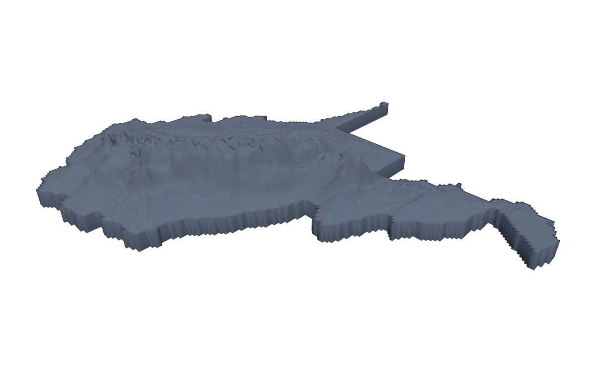 3D terrain model of West Virginia cut to the state outline, ridges and deeply cut hills