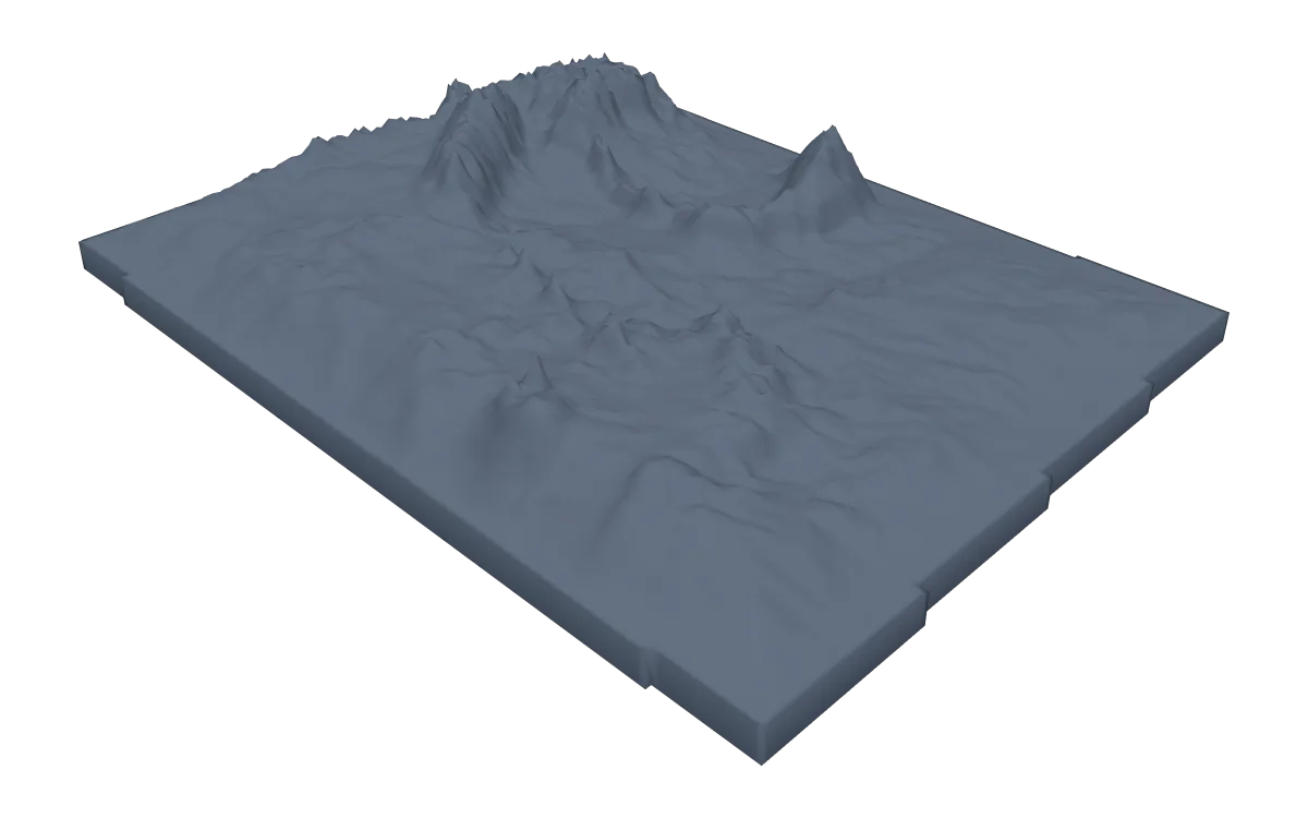 3D terrain model of Wyoming cut to the state outline, ranges standing above high basins