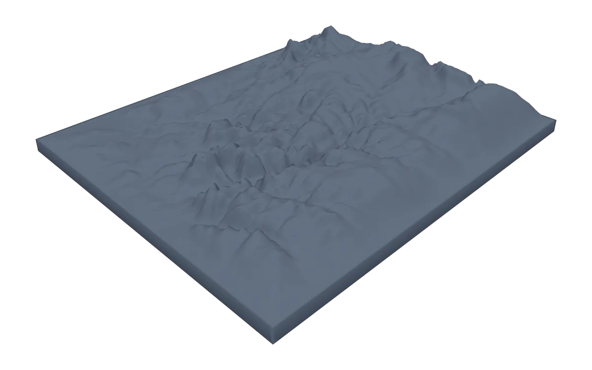 3D terrain model of Zion National Park, canyons cut into a high plateau on a rectangular base