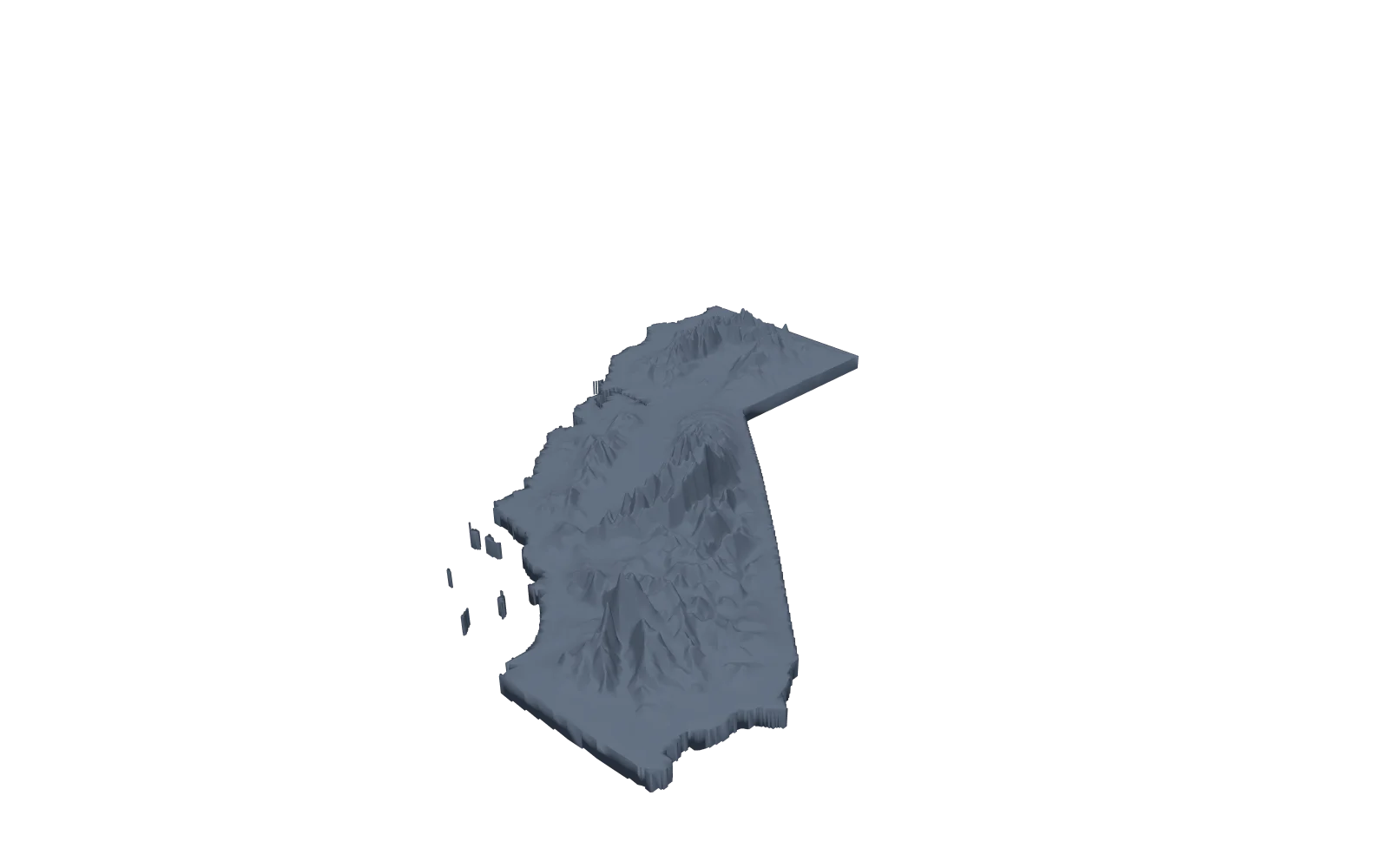Modelo de terreno 3D de California con sus montañas y valles en relieve