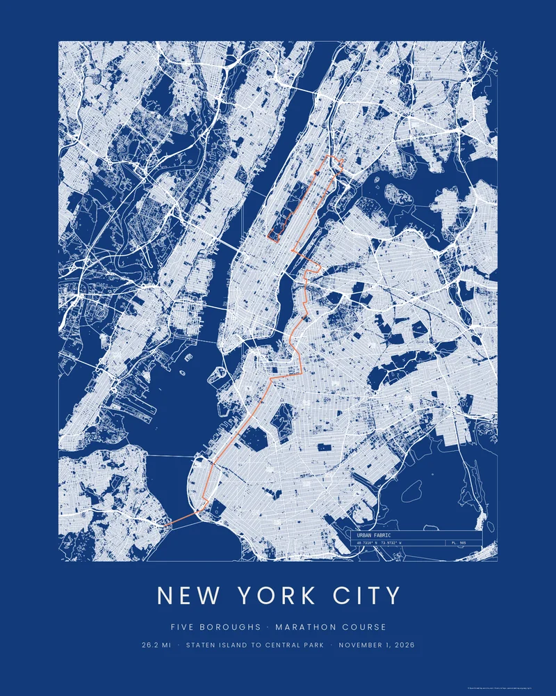 The New York City Marathon course as a Blueprint City poster