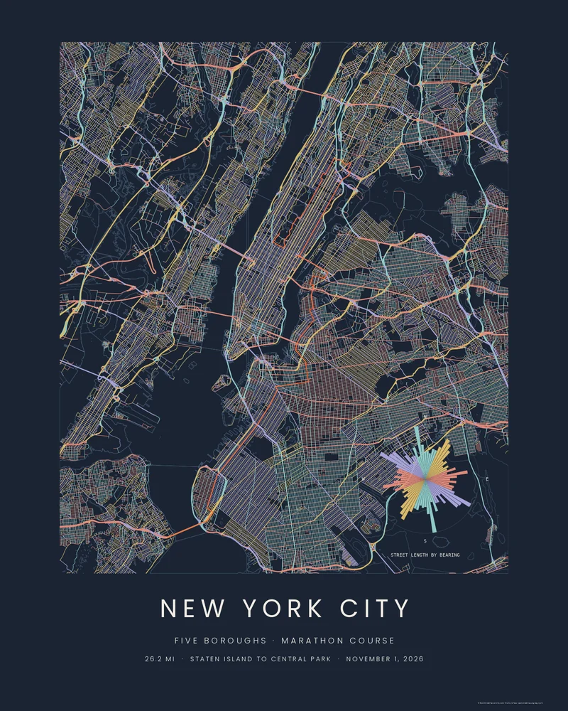 The New York City Marathon course as a Street Compass City poster