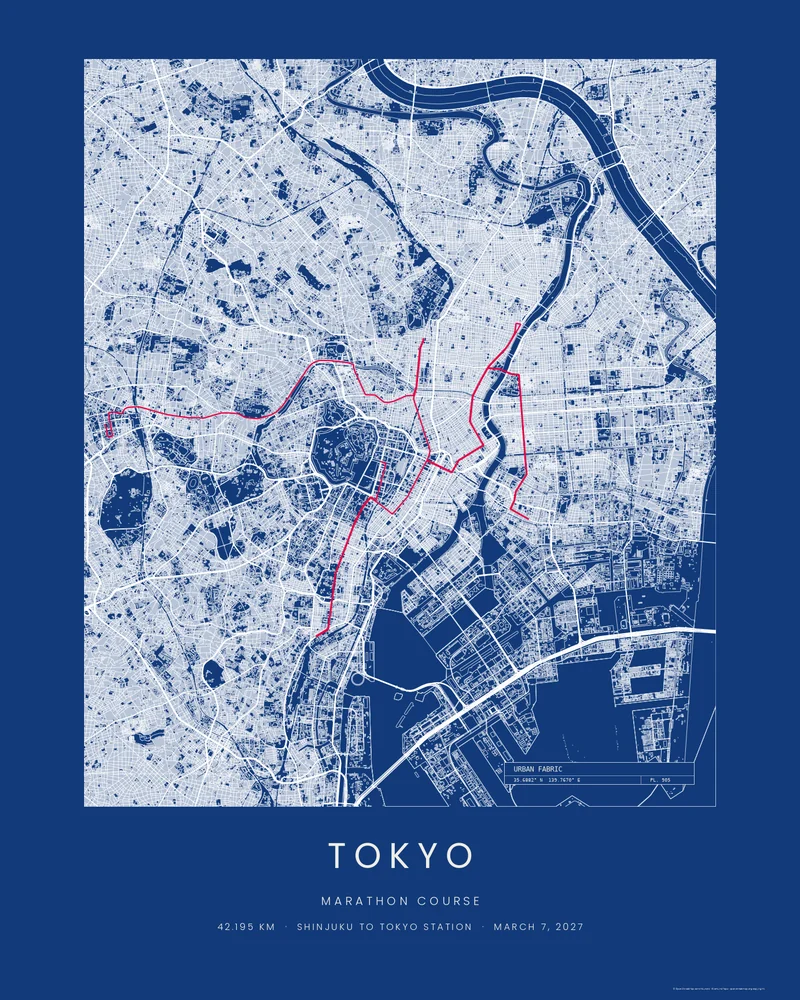 The Tokyo Marathon course as a Blueprint City poster