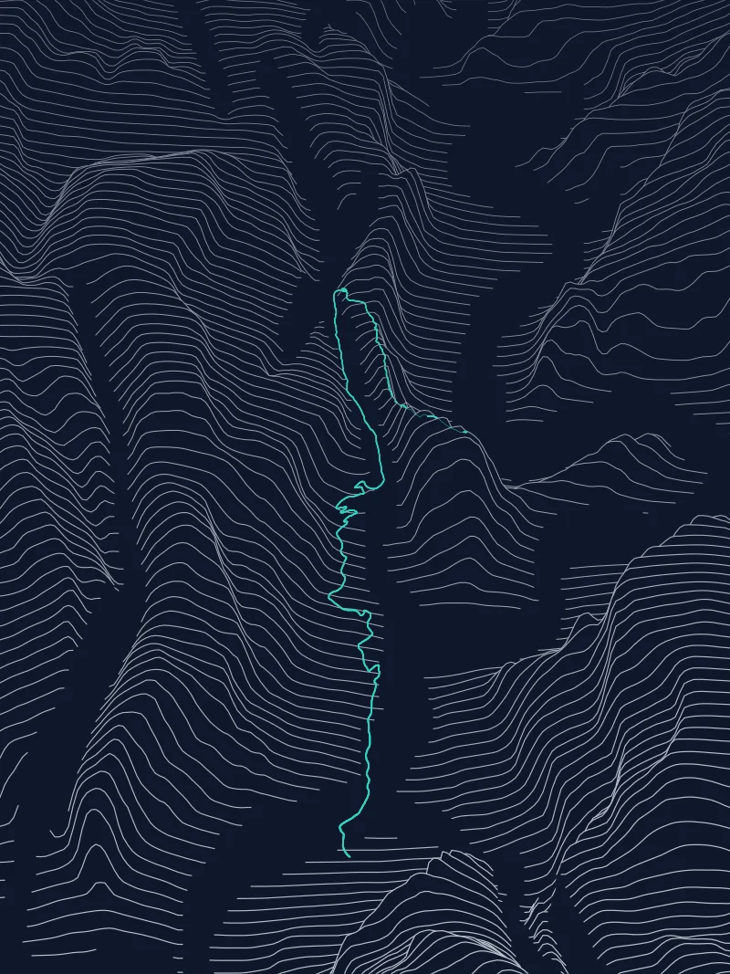 Ridgeline trail poster example showing terrain elevation lines and a highlighted route